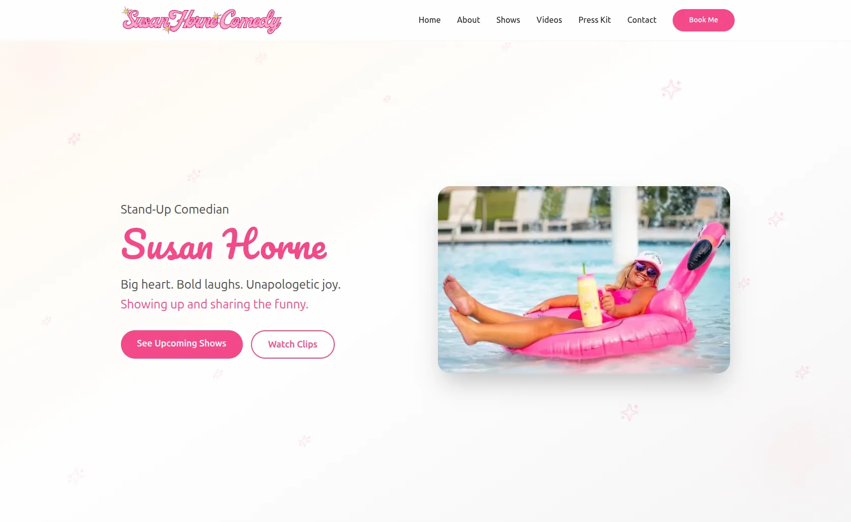 Susan Horne Comedy website homepage showing vibrant design with show schedule and video clips